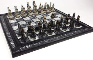 Egyptian Anubis Chess Set with Hieroglyphic Board
